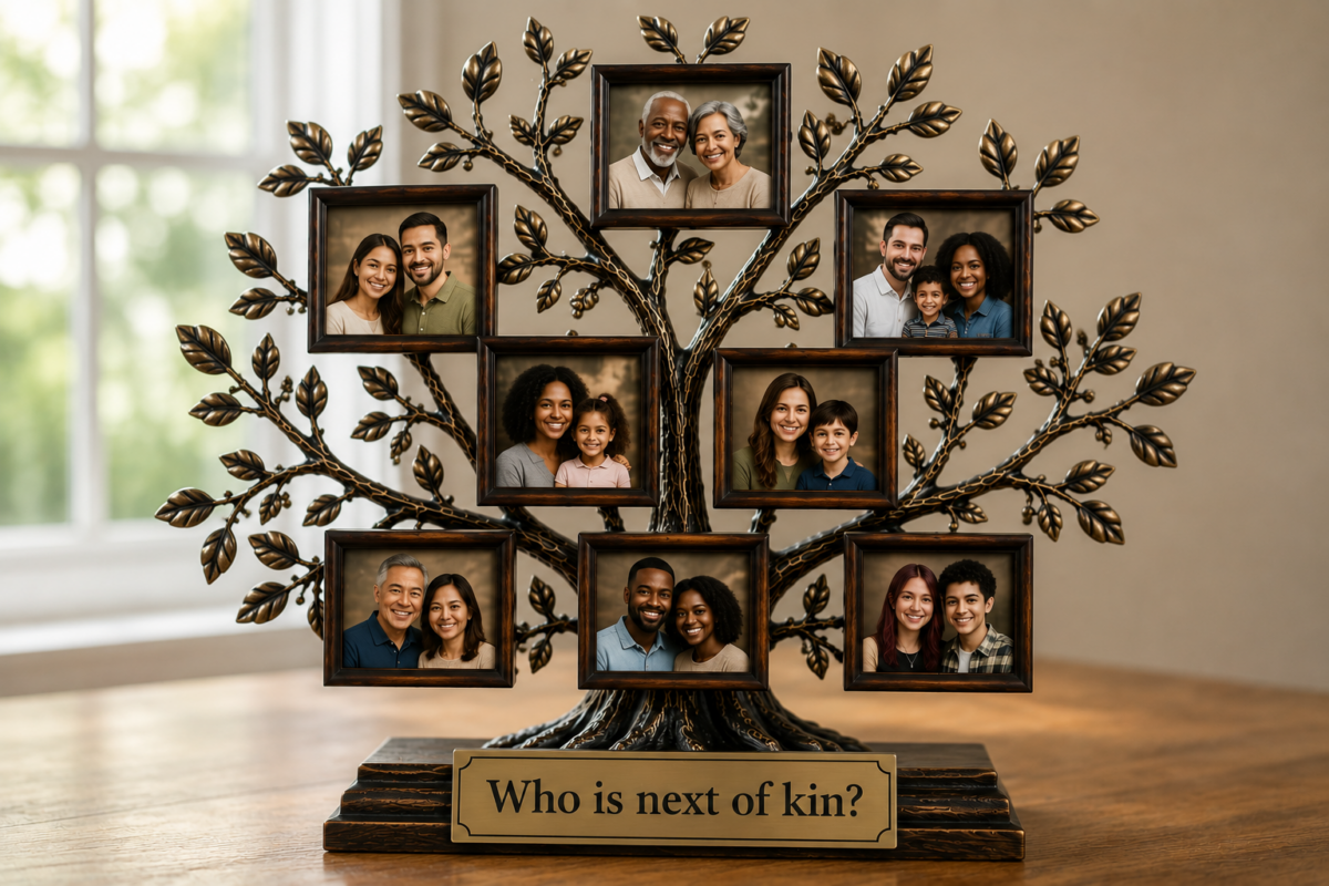 Family tree with plaque that says who is next of kin